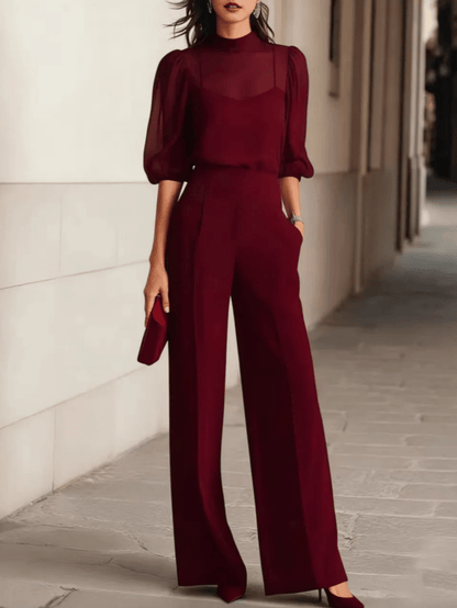 Elspeth | Three-Piece Chiffon Set with Wide-Leg Trousers - StilfulltWomen's outfit setsRedXSElspeth three-piece chiffon set with wide-leg trousers in red