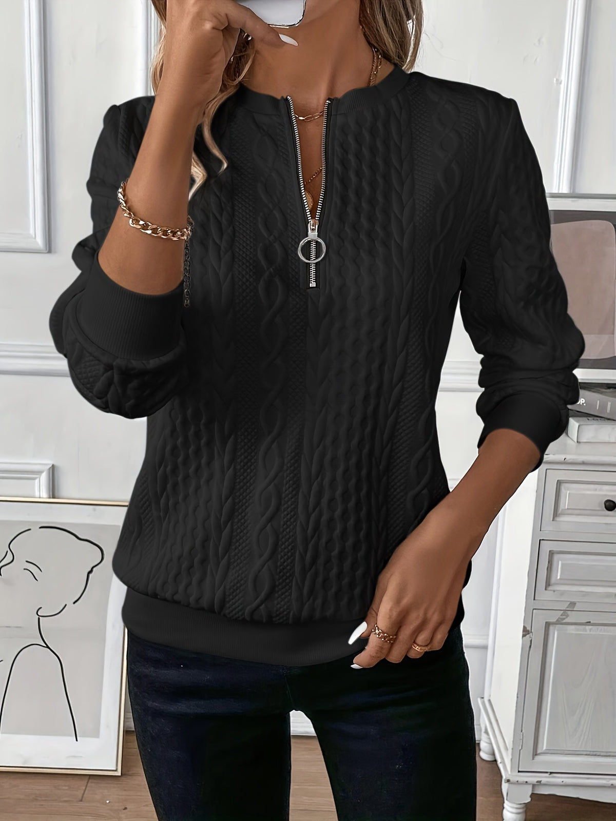Elvire | Jersey de Media Cremallera con Trenzas - StilfulltWomen's sweatersDWOD5-BQ285016NegroSElvire | Jersey de Media Cremallera con Trenzas