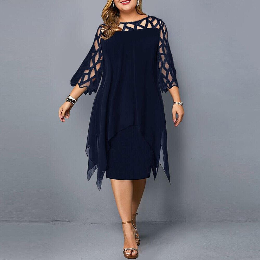 Esther chiffon overlay dress with openwork sleeves in deep blue