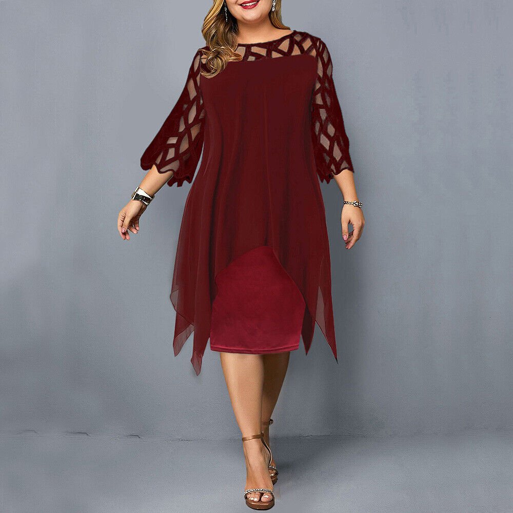 Esther chiffon overlay dress with openwork sleeves in burgundy