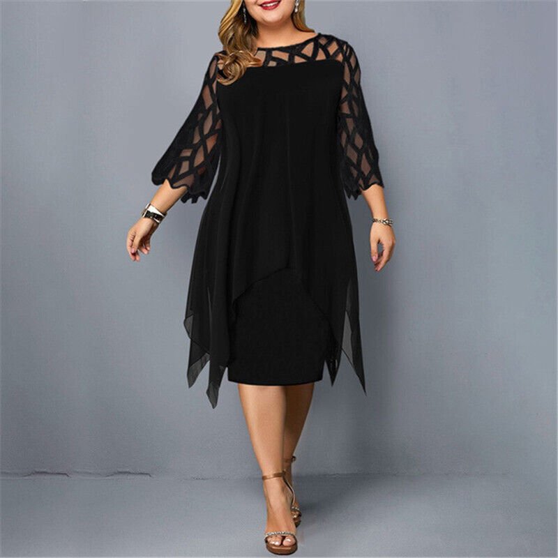 Esther chiffon overlay dress with openwork sleeves in black