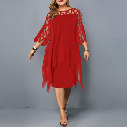 Esther chiffon overlay dress with openwork sleeves in red