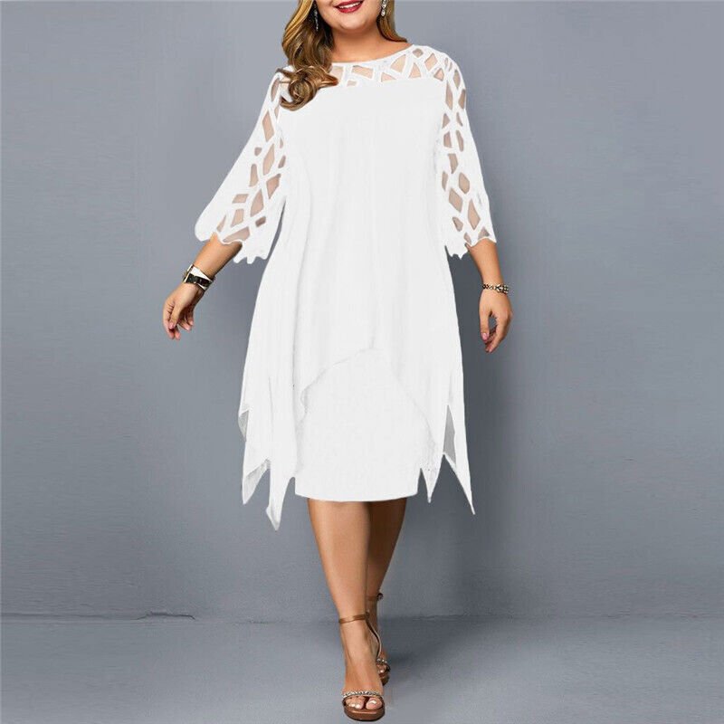 Esther chiffon overlay dress with openwork sleeves in white