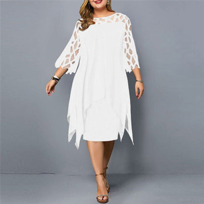 Esther chiffon overlay dress with openwork sleeves in white