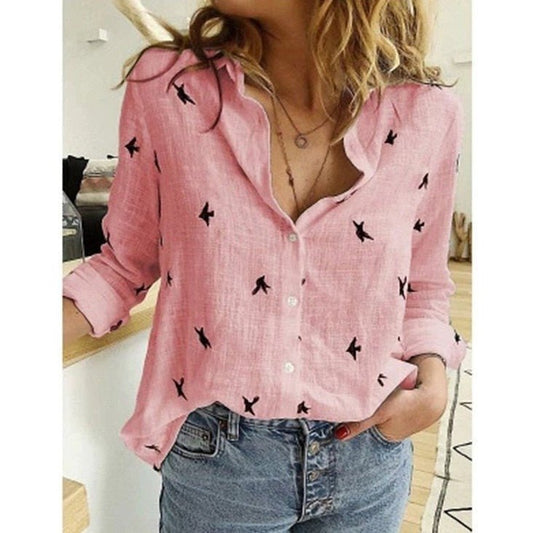 Everly | Blusa Camisera de Lino - StilfulltWomen's blousesRosa con pájarosSEverly | Blusa Camisera de Lino