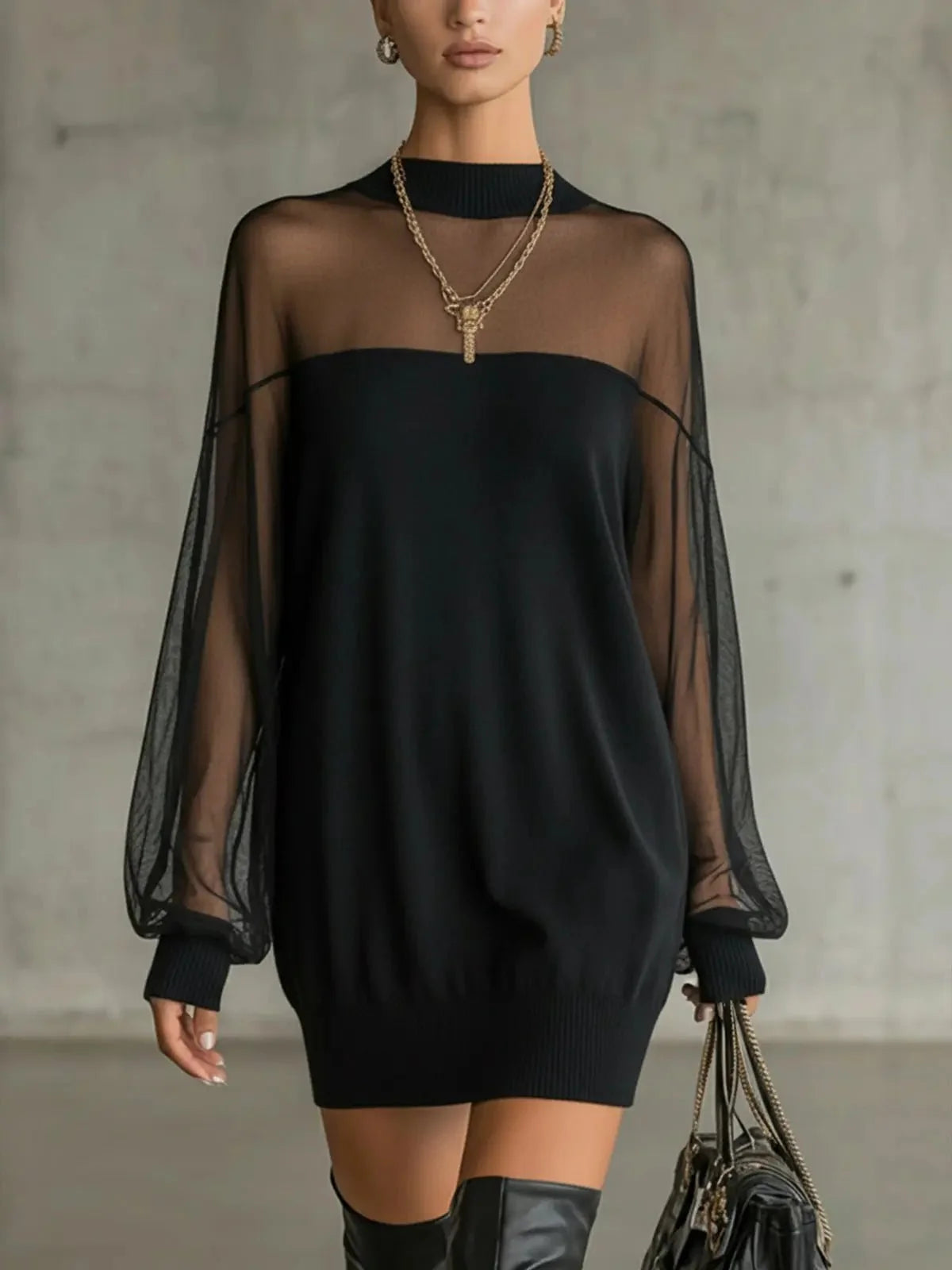 Freya knitted mini dress with sheer mesh sleeves in black
