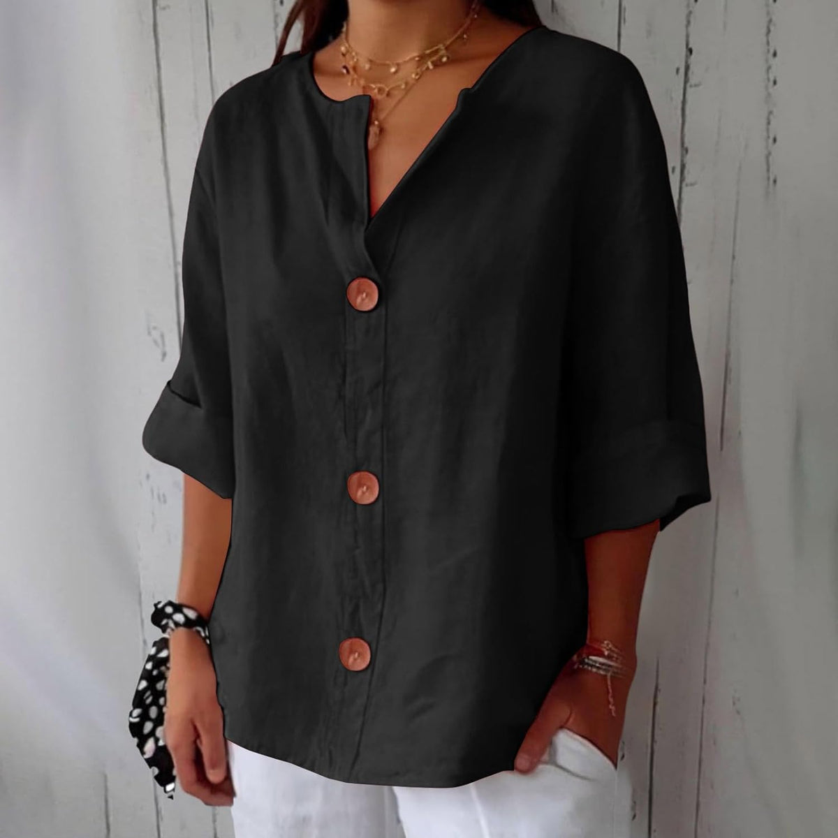 Hadley | Blusa de Lino con Botones de Madera - StilfulltWomen's blousesNegroSHadley | Blusa de Lino con Botones de Madera