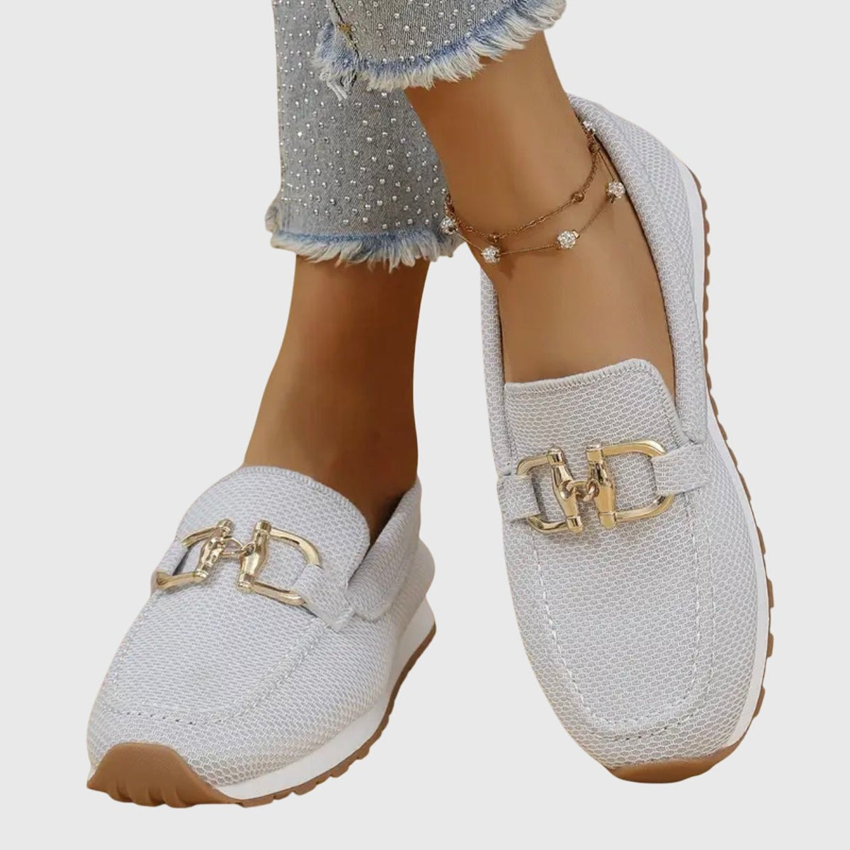 Harlow | Mocasines de Malla con Herraje Dorado - StilfulltWomen's shoesGris35.5Harlow | Mocasines de Malla con Herraje Dorado