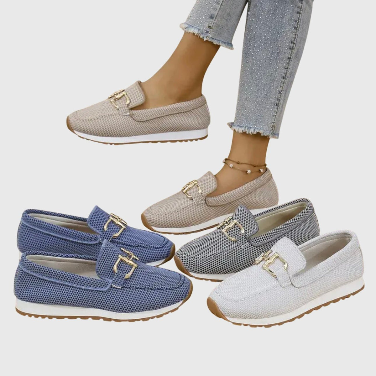 Harlow | Mocasines de Malla con Herraje Dorado - StilfulltWomen's shoesGris35.5Harlow | Mocasines de Malla con Herraje Dorado