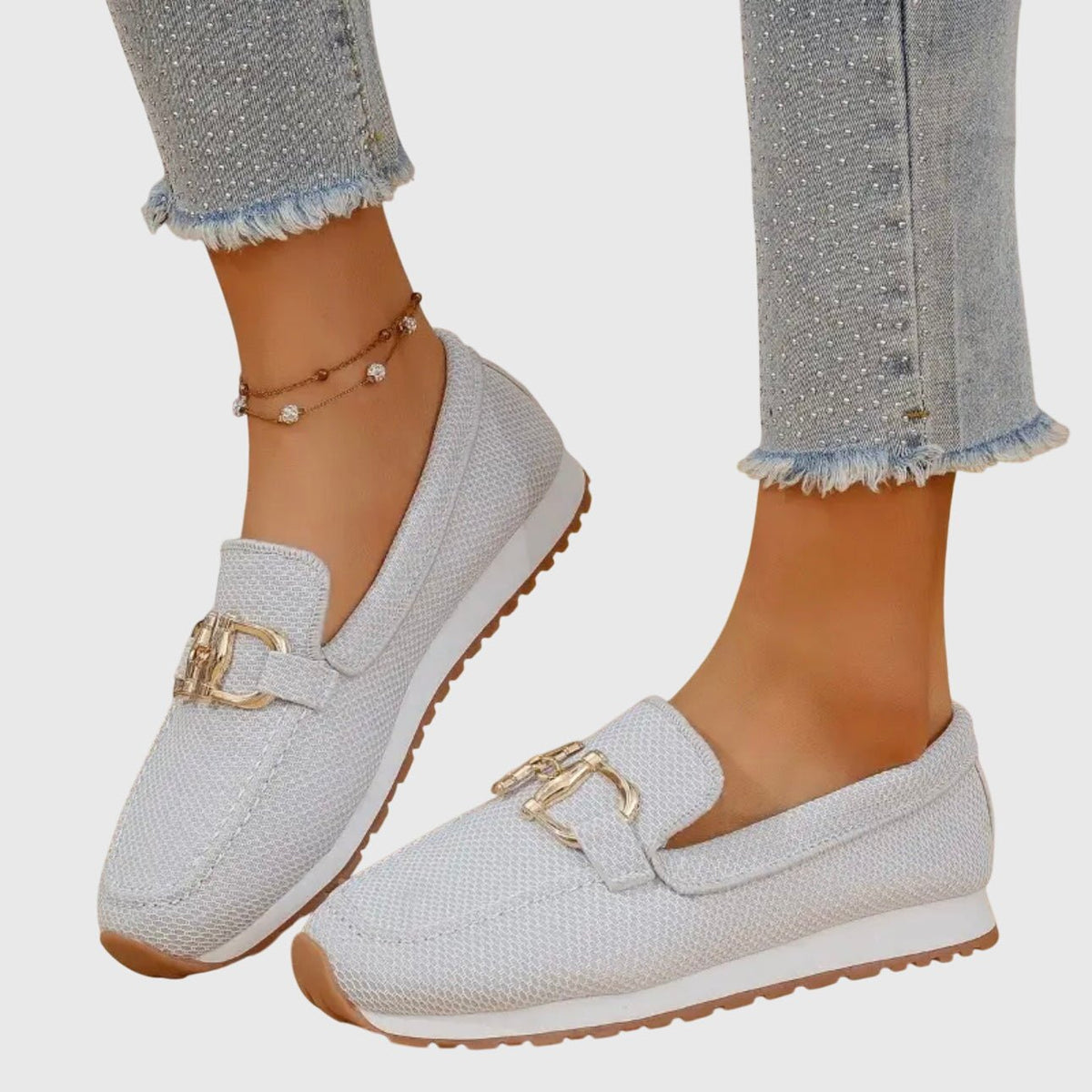 Harlow | Mocasines de Malla con Herraje Dorado - StilfulltWomen's shoesGris35.5Harlow | Mocasines de Malla con Herraje Dorado