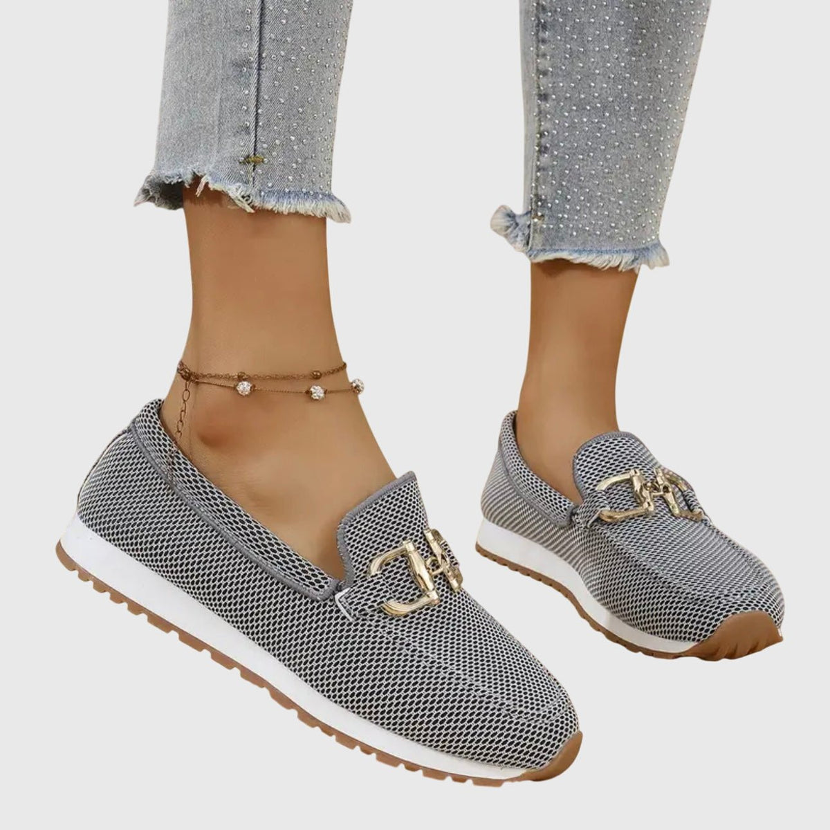 Harlow | Mocasines de Malla con Herraje Dorado - StilfulltWomen's shoesGris35.5Harlow | Mocasines de Malla con Herraje Dorado