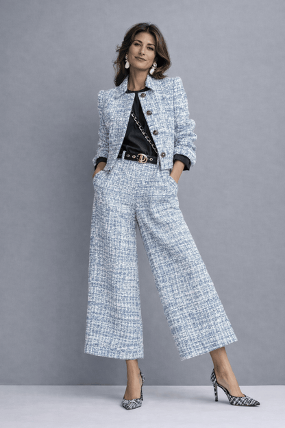 Henriette | Struktureret Todelt Buksedragt i Tweed - StilfulltWomen's outfit setsBlåUK6| XSHenriette | Struktureret Todelt Buksedragt i Tweed