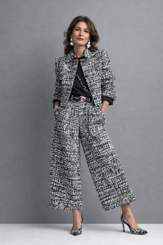 Henriette | Struktureret Todelt Buksedragt i Tweed - StilfulltWomen's outfit setsSortUK6| XSHenriette | Struktureret Todelt Buksedragt i Tweed