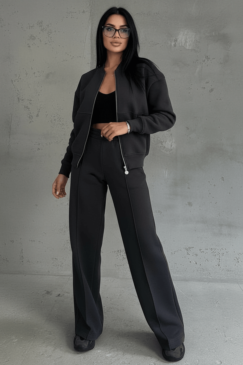 Hester soft wide-leg tracksuit set with zip jacket in black