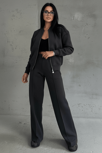 Hester soft wide-leg tracksuit set with zip jacket in black