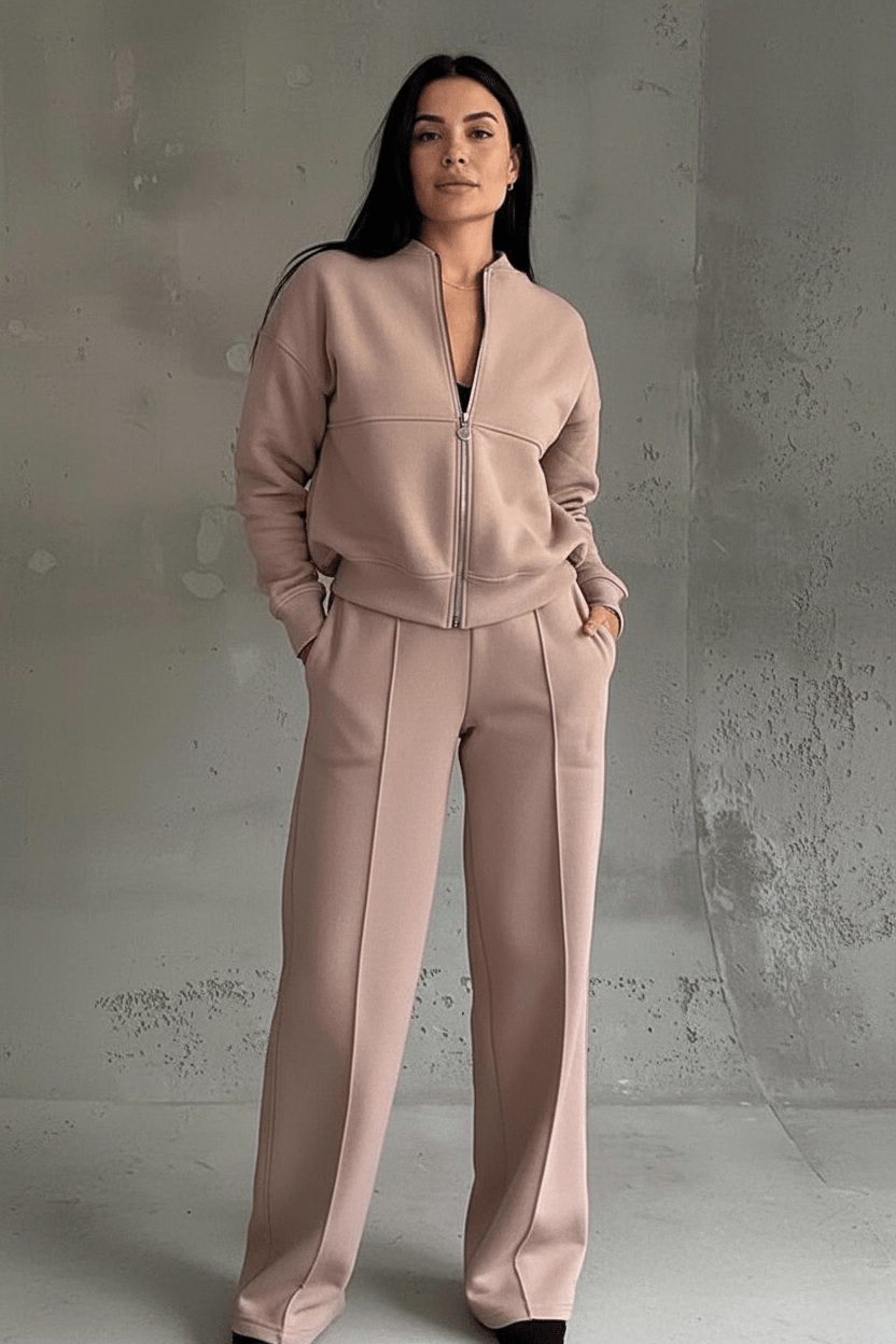 Hester soft wide-leg tracksuit set with zip jacket in brown