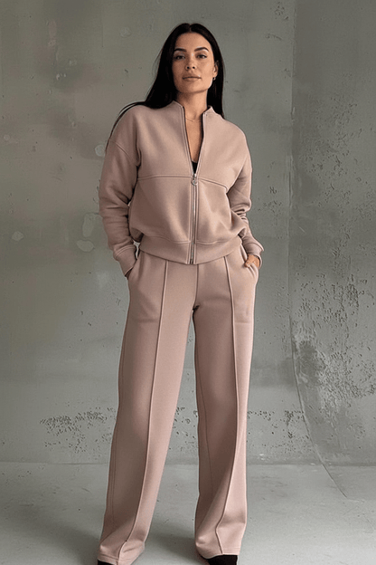 Hester soft wide-leg tracksuit set with zip jacket in brown