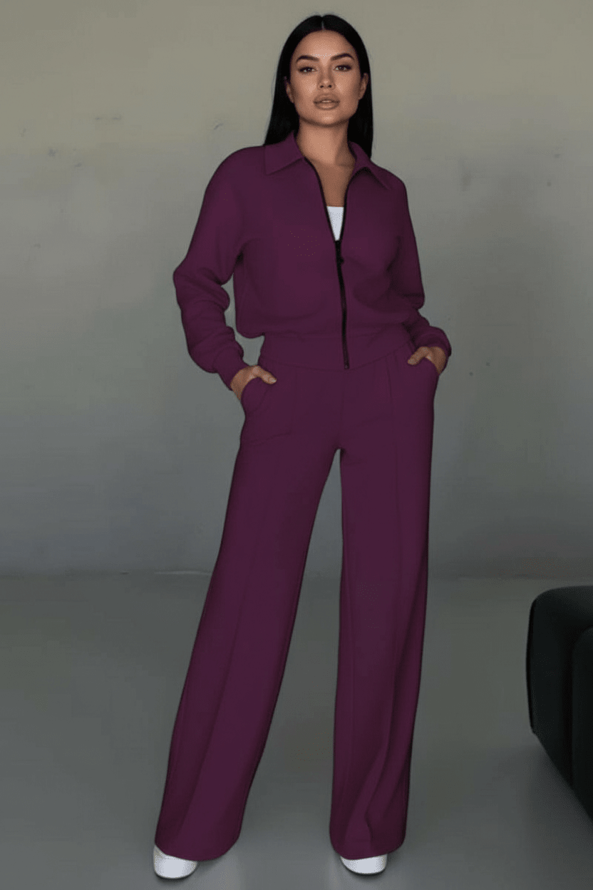 Hester soft wide-leg tracksuit set with zip jacket in dark purple