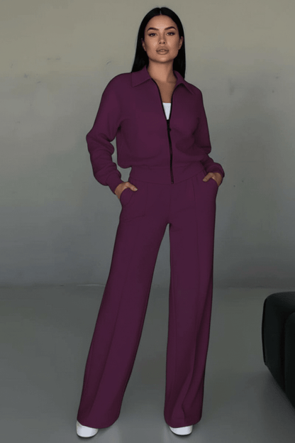Hester soft wide-leg tracksuit set with zip jacket in dark purple