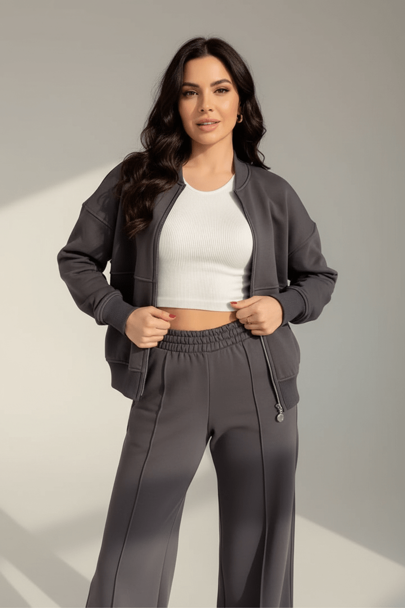 Hester soft wide-leg tracksuit set with zip jacket in dark grey