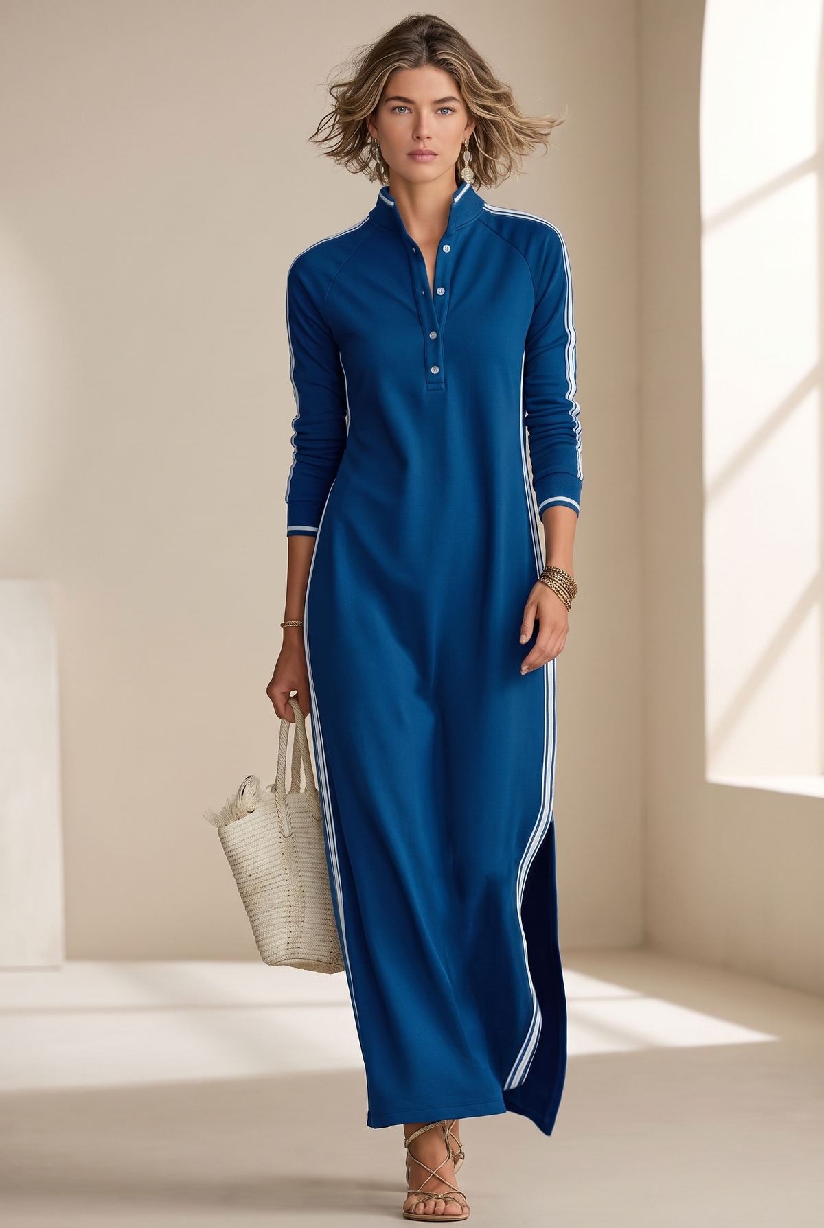 Anouk | Vestido Maxi de Felpa Ribeteado con Cuello Polo
