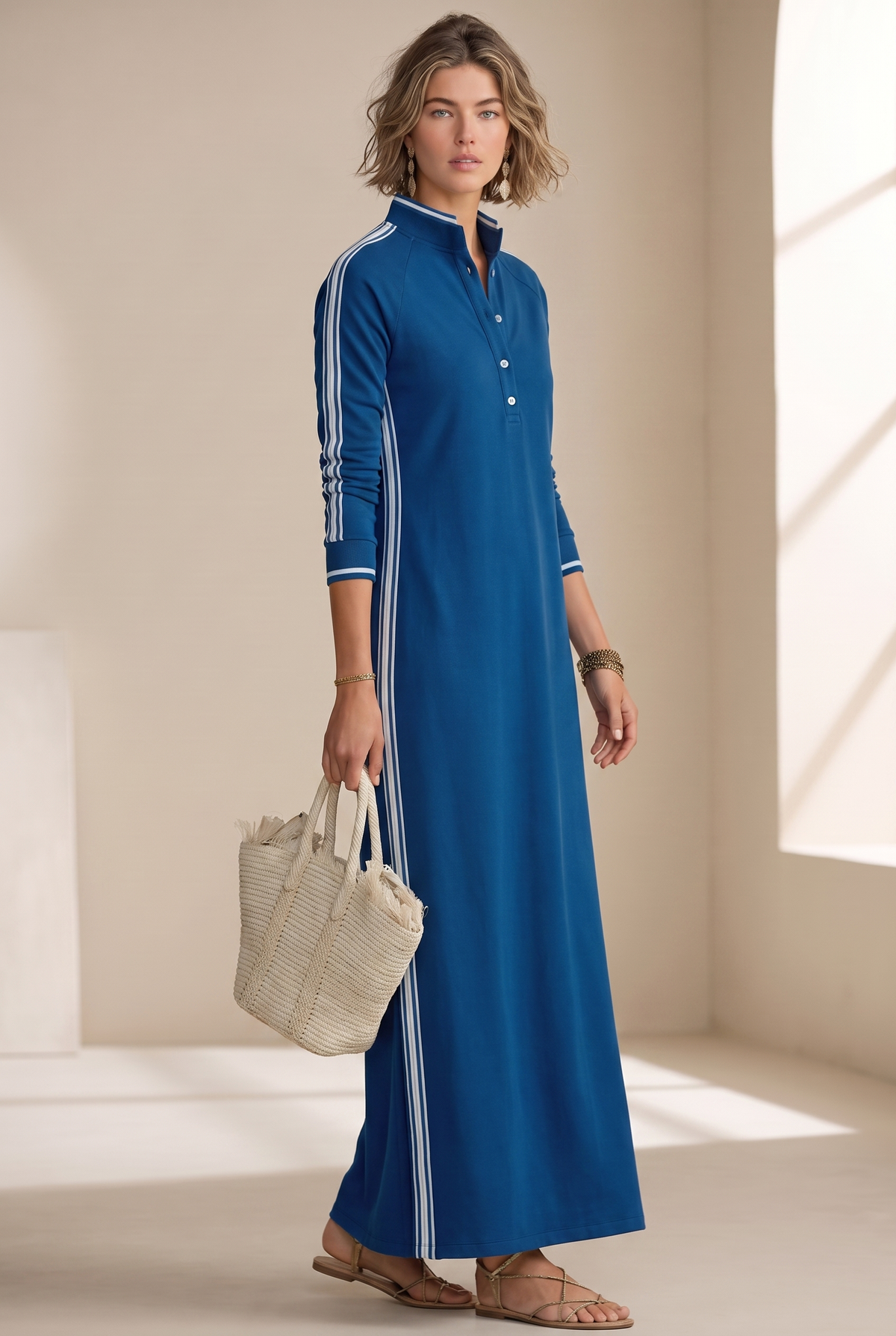 Anouk | Vestido Maxi de Felpa Ribeteado con Cuello Polo