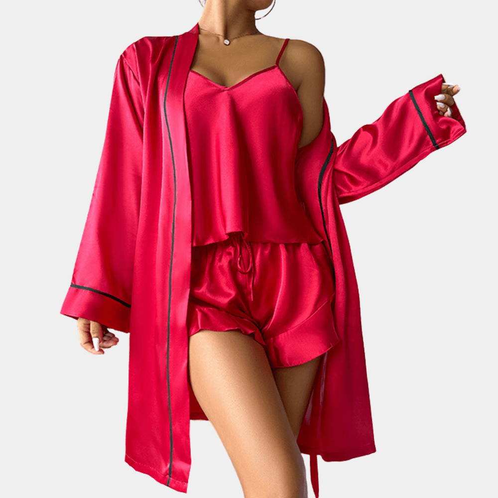 Josephine three-piece satin pyjama set with robe in red