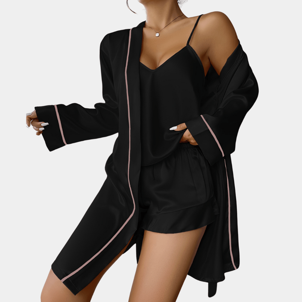 Josephine three-piece satin pyjama set with robe in black