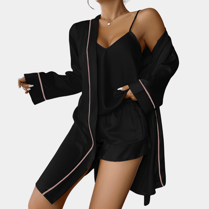 Josephine three-piece satin pyjama set with robe in black