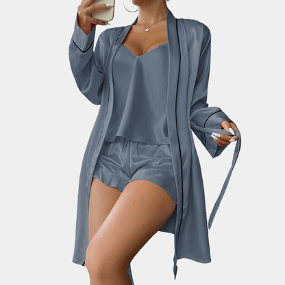 Josephine three-piece satin pyjama set with robe in grey