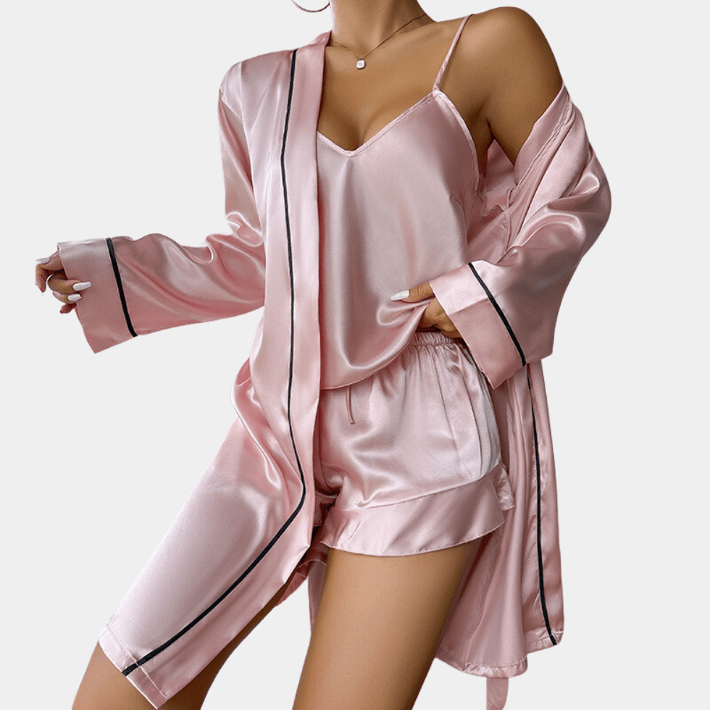 Josephine three-piece satin pyjama set with robe in pink