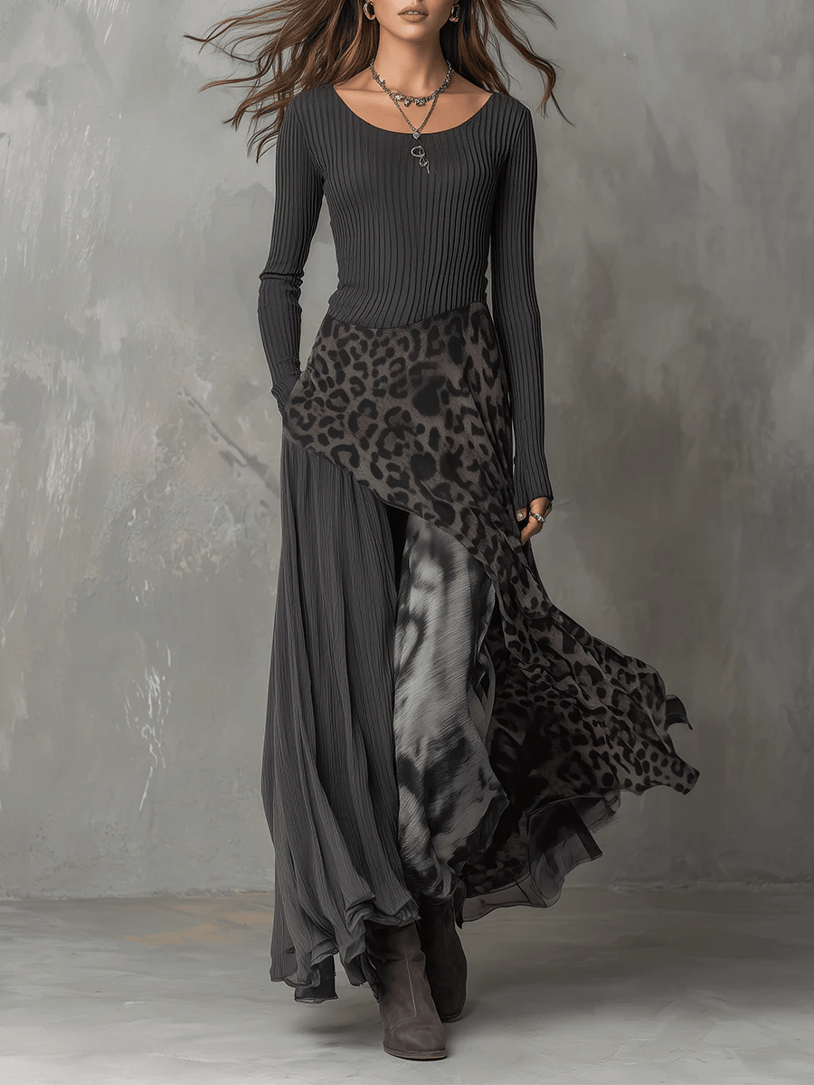 Juliet asymmetric maxi dress with stripes and leopard print