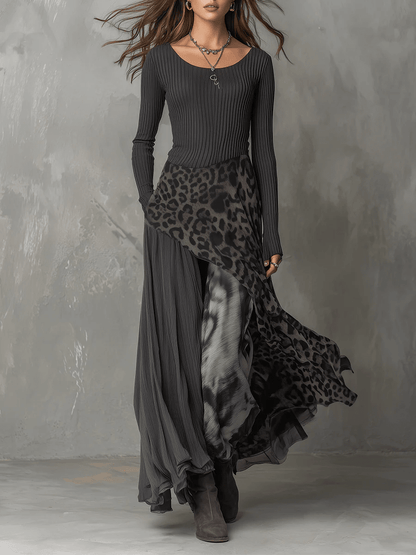 Juliet asymmetric maxi dress with stripes and leopard print