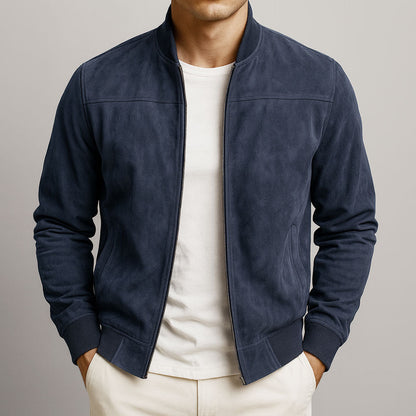 Leander | Chaqueta Bomber Ajustada en Efecto Ante - StilfulltMen's jacketsAzul oscuroSLeander | Chaqueta Bomber Ajustada en Efecto Ante