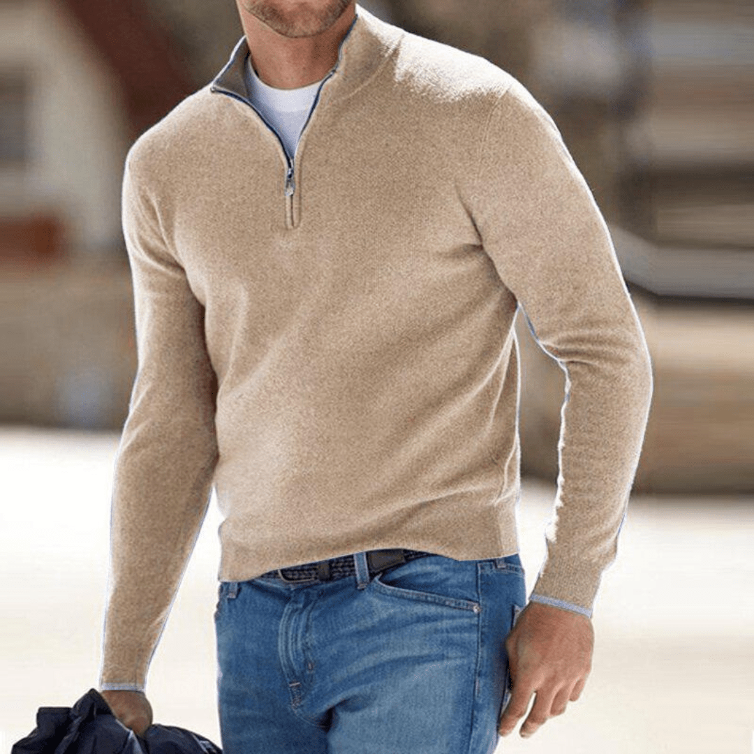 Lennox | Jersey de Punto Fino con Media Cremallera - StilfulltMen's sweatersBeigeSLennox | Jersey de Punto Fino con Media Cremallera