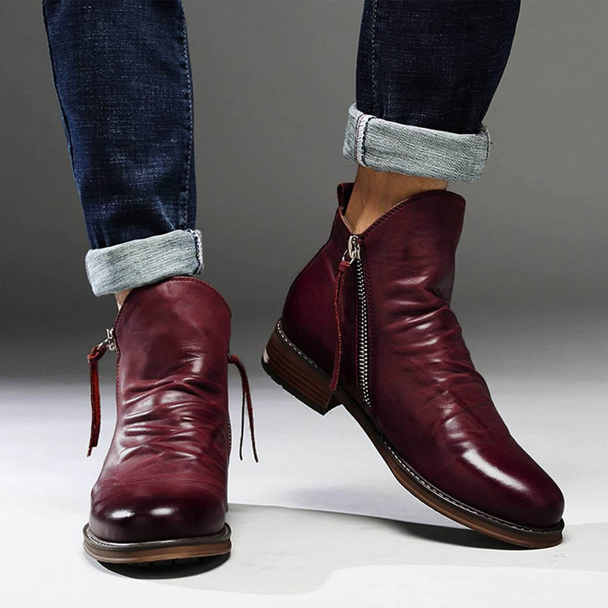 Leonard men's ruched leather ankle boots in burgundy