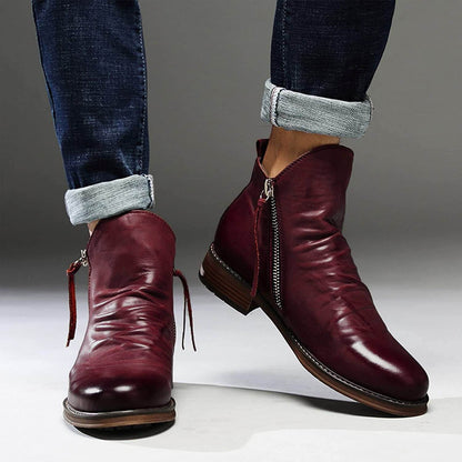 Leonard men's ruched leather ankle boots in burgundy