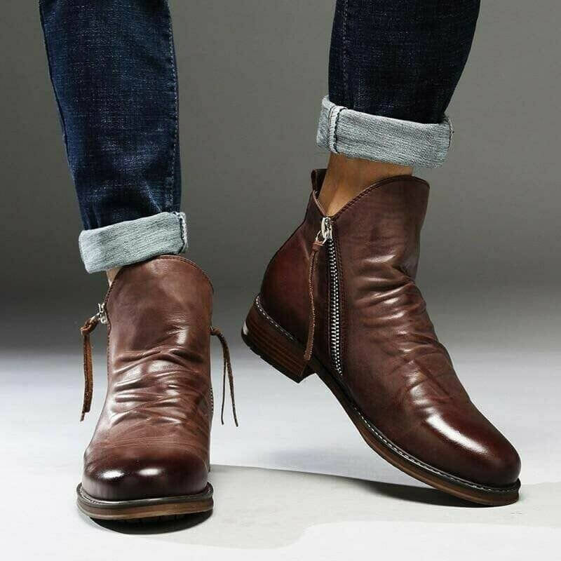 Leonard men's ruched leather ankle boots in brown