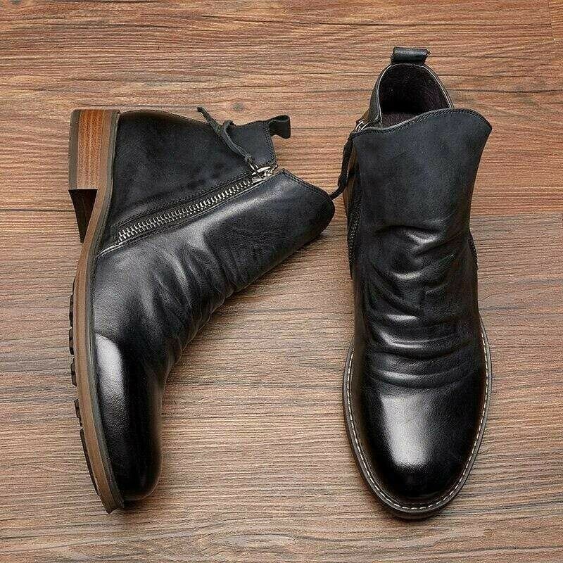 Leonard men's ruched leather ankle boots in black