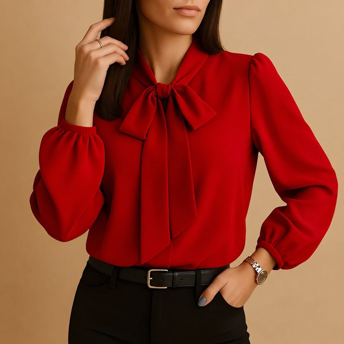 Livia | Blusa de Mujer con Lazada y Manga Abullonada - StilfulltWomen's clothing topsVIVA411902MODARojoSLivia | Blusa de Mujer con Lazada y Manga Abullonada