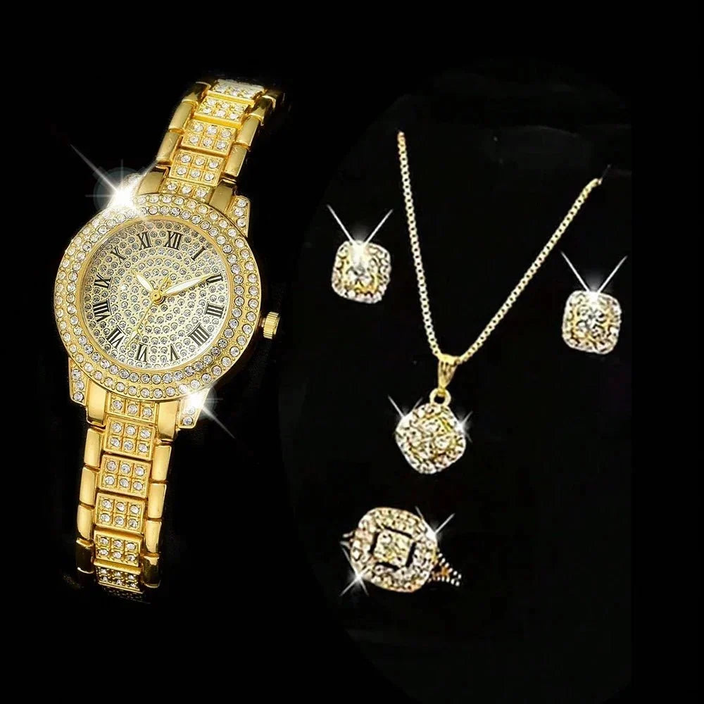 Lorna crystal watch and jewellery set in gold – style b