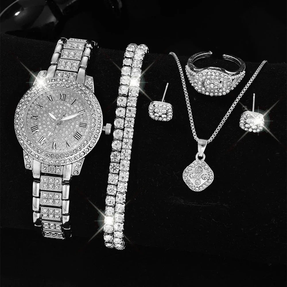 Lorna crystal watch and jewellery set in silver – style a