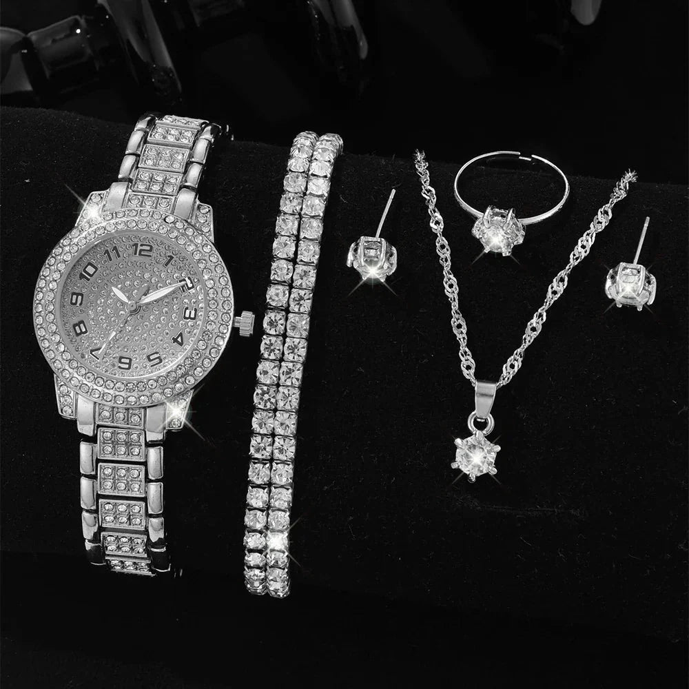 Lorna crystal watch and jewellery set in silver – style b