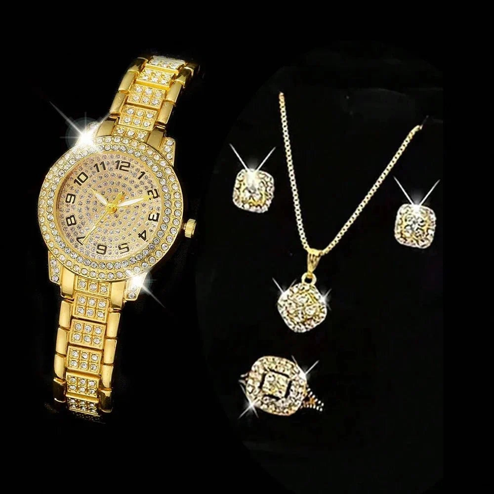 Lorna crystal watch and jewellery set in gold – style a