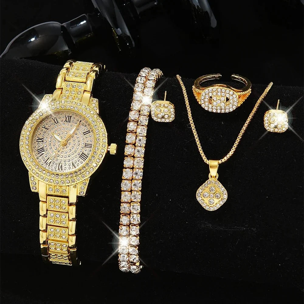Lorna crystal watch and jewellery set in gold – style d