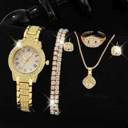 Lorna crystal watch and jewellery set in gold – style d
