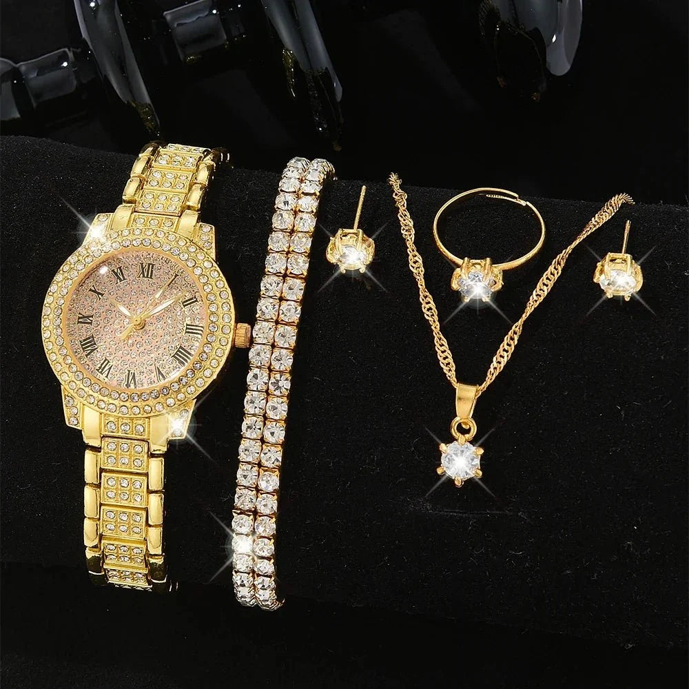Lorna crystal watch and jewellery set in gold – style c
