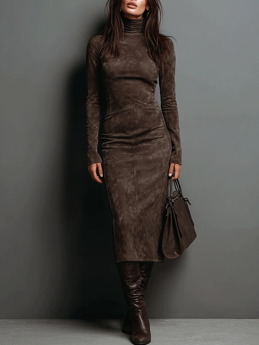 Louisa suede-look roll neck maxi dress in chocolate brown