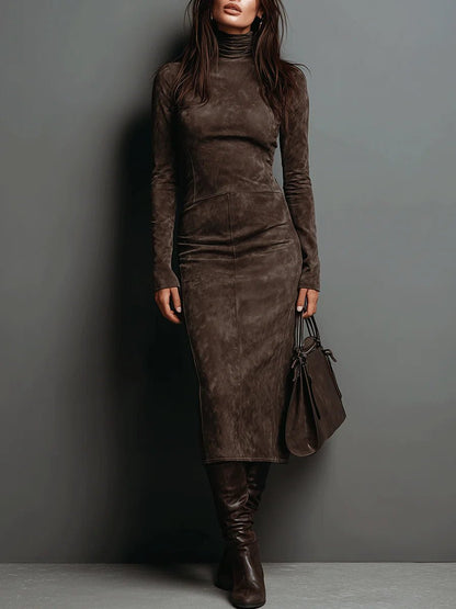 Louisa suede-look roll neck maxi dress in chocolate brown