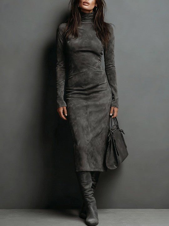 Louisa suede-look roll neck maxi dress in dark grey